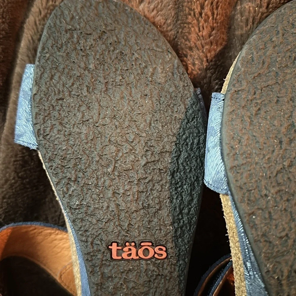 TAOS  Carousel 2 Blue Floral Leather Wedge Sz 7/7.5